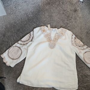 NWT Chico's Cream Tunic with Tan Embroidered Medallions Chico's size 2 Or M/L